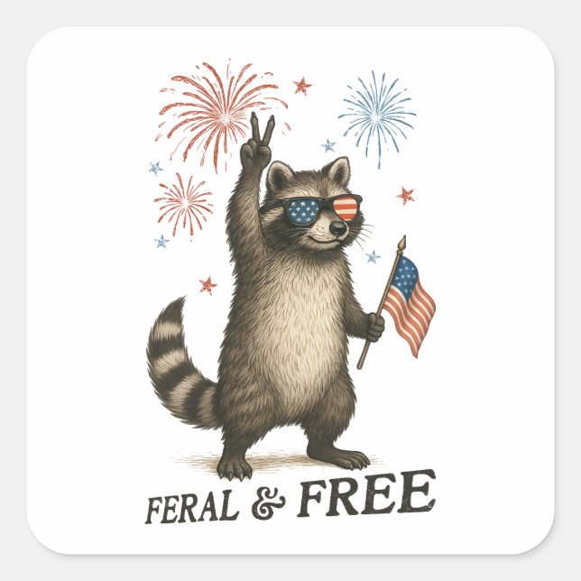 Adesivo Quadrado Férrimo Mas Livre Fogos De Artifício Feral Raccoon (Frente)