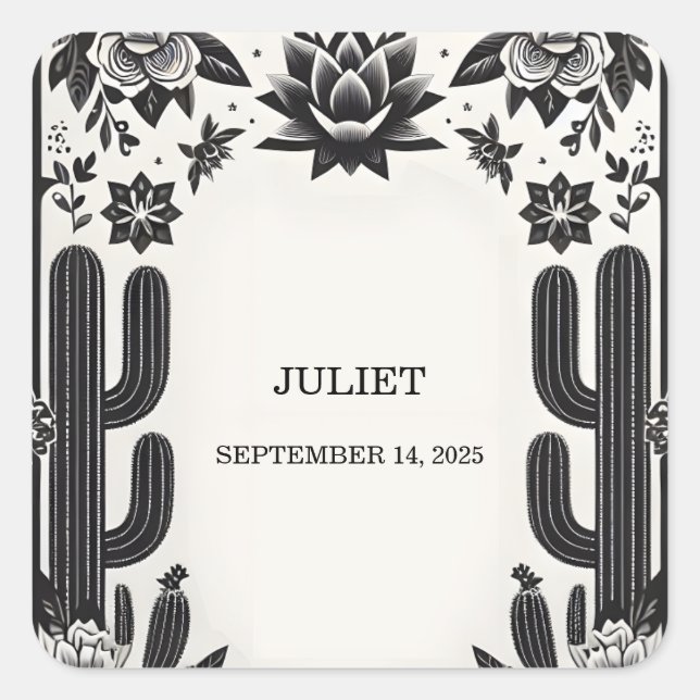 Adesivo Quadrado Festa Amor de Cactus em Flor Chá de Noiva Mexicano (Frente)