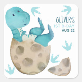 Adesivo Quadrado Festa de 1º Aniversário do Menino Dinossauro Tyran