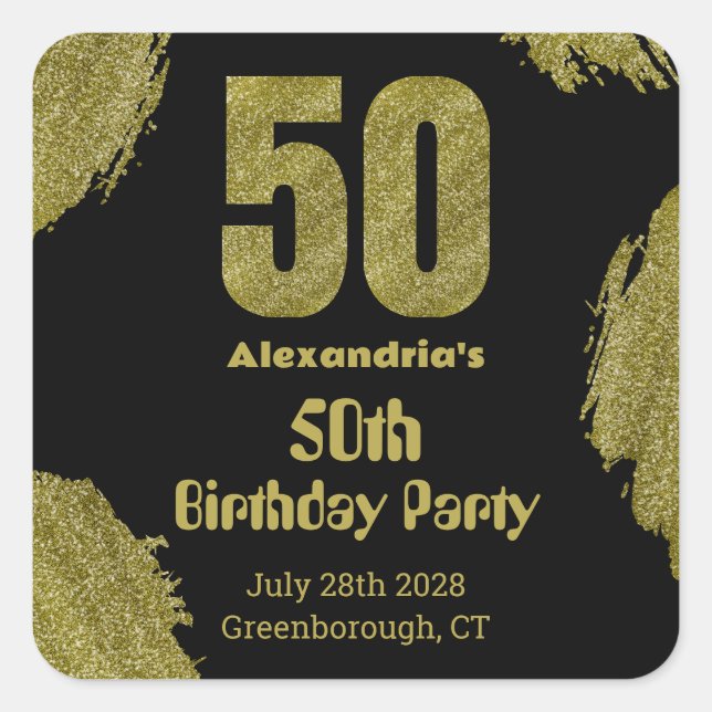 Adesivo Quadrado Festa de 50 anos em preto e dourado brilhante (Frente)