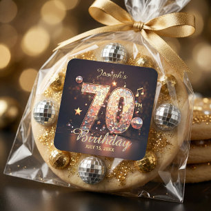 Adesivo Quadrado Festa de 70 Anos Música Notas Bola de Discoteca Do