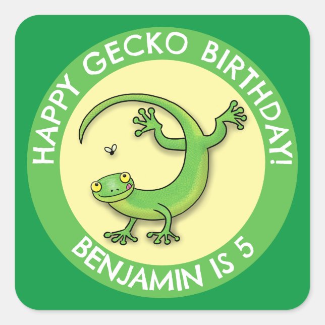 Adesivo Quadrado Festa de animação de gecko verde, personalizada e  (Frente)