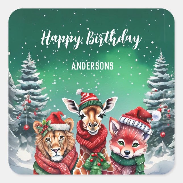 Adesivo Quadrado Festa de aniversária de árvore de Natal de leão bo (Frente)