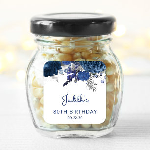 Adesivo Quadrado Festa de aniversário 80 Floral marinho  Azul Prata