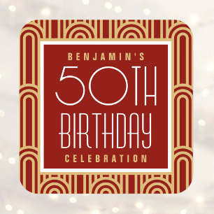 Adesivo Quadrado Festa de Aniversário Art Deco para Qualquer Idade