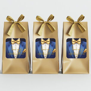 Adesivo Quadrado Festa de Aniversário Azul Dourado para Homens