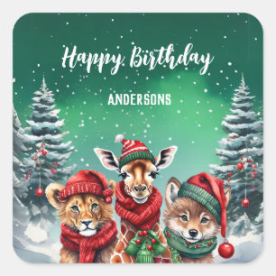 Adesivo Quadrado Festa de aniversário da árvore de Natal do Lobo Bó