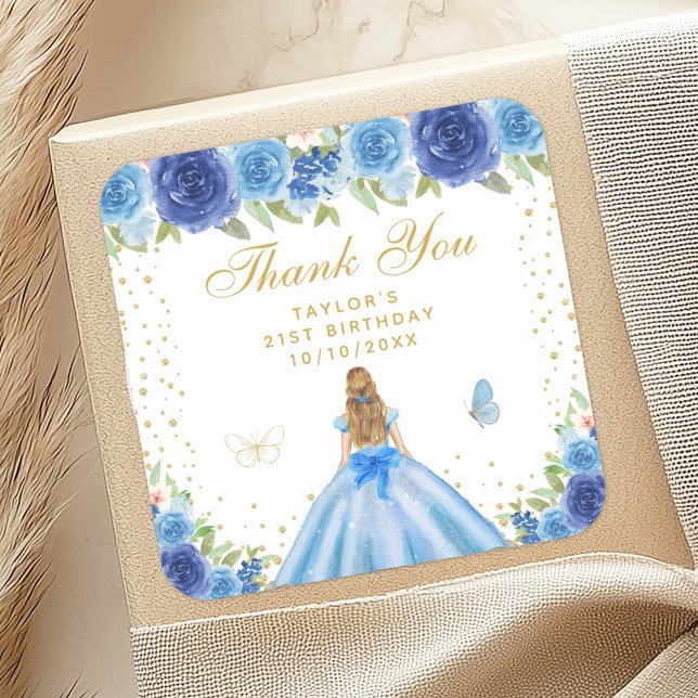 Adesivo Quadrado Festa de aniversário da Princesa Floral Blona Azul (Criador carregado)