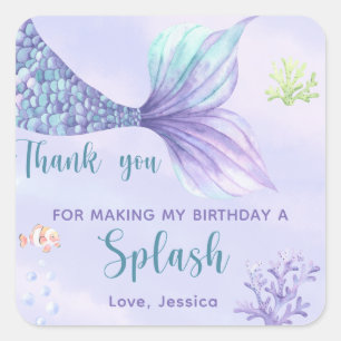 Adesivo Quadrado Festa de Aniversário da Sereia Sob o Mar Obrigado