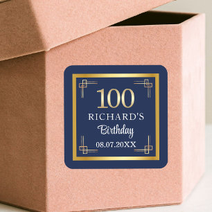 Adesivo Quadrado Festa de Aniversário de 100 Anos Elegante Blue Gol
