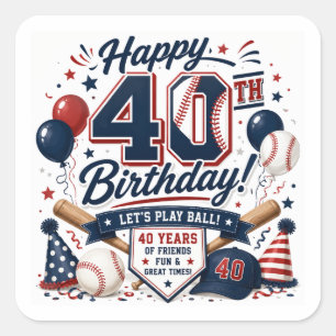 Adesivo Quadrado Festa de Aniversário de 40 anos de Beisebol
