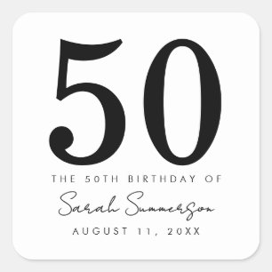 Adesivo Quadrado Festa de Aniversário de 50 Anos Preto Branco Nome