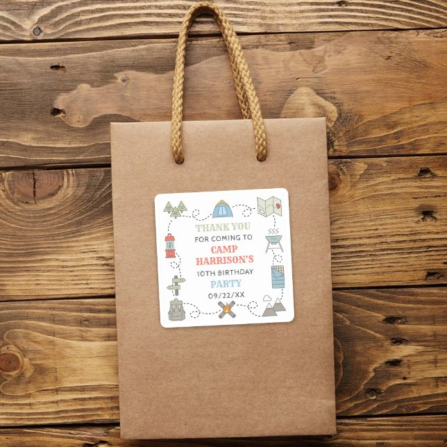 Adesivo Quadrado Festa de aniversário de acampamento Obrigado (Criador carregado)