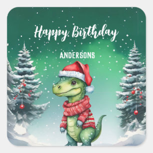 Adesivo Quadrado Festa de aniversário de árvore de Natal de Dinossa