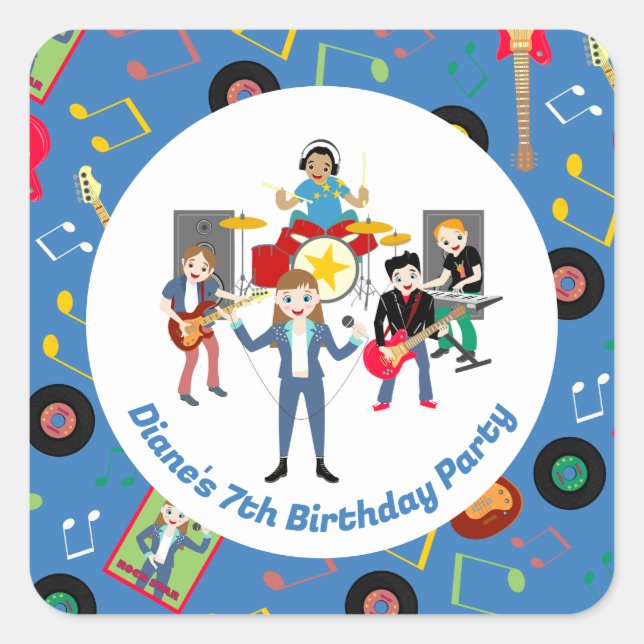 Adesivo Quadrado Festa de aniversário de Banda Rock Star (Frente)