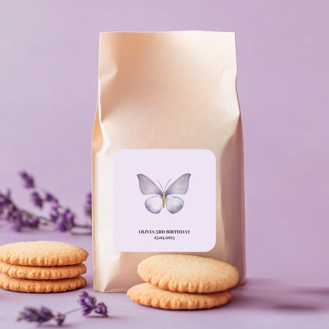 Adesivo Quadrado Festa de aniversário de borboletas roxas (Criador carregado)