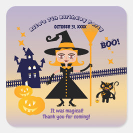 Adesivo Quadrado Festa de aniversário de bruxa de fantasia do Hallo
