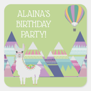 Adesivo Quadrado Festa de Aniversário de Criança de Alpaca Colorida