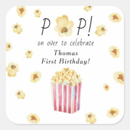 Adesivo Quadrado Festa de Aniversário de criança de Popcorn de Aqua