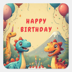 Adesivo Quadrado 🎉 Festa de Aniversário de Dinossauro Com Bolo e B