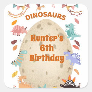 Adesivo Quadrado Festa de Aniversário de Dinossauro com Ovo Gigante