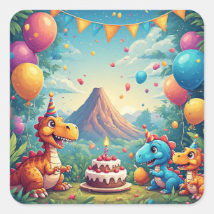 Adesivo Quadrado 🎉 Festa de Aniversário de Dinossauro Fofo na Cena
