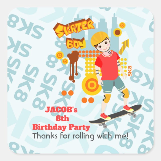 Adesivo Quadrado Festa de aniversário de Diversão do Parque do skat (Frente)