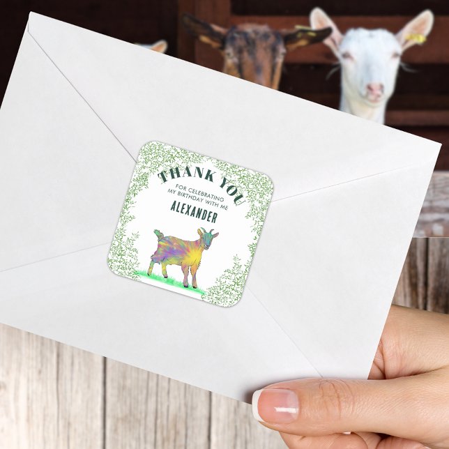Adesivo Quadrado Festa de aniversário de fazenda de Capim Obrigado (Cute goat colorful farm animal art personalized birthday party thank you sticker)