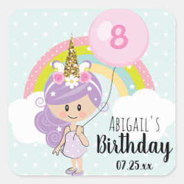 Adesivo Quadrado Festa de aniversário de Garota Unicórica Obrigado