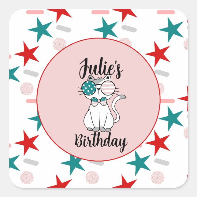 Adesivo Quadrado Festa de aniversário de Gatos Patrióticos e Estrel (Frente)