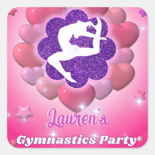 Adesivo Quadrado Festa de Aniversário de Ginástica Rosa Roxo Coraçã