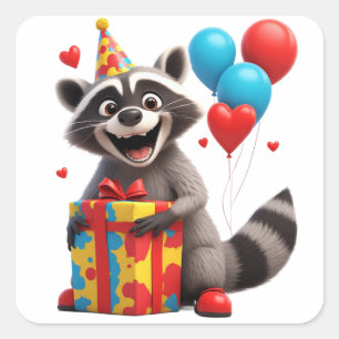 Adesivo Quadrado 🦝 Festa de Aniversário de Guaxinim Fofo Com Prese