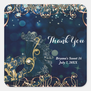 Adesivo Quadrado Festa de aniversário de máscara de Mascarada de 