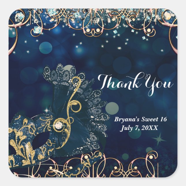 Adesivo Quadrado Festa de aniversário de máscara de Mascarada de fa (Frente)