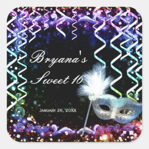 Adesivo Quadrado Festa de aniversário de máscara do Mascarada brilh