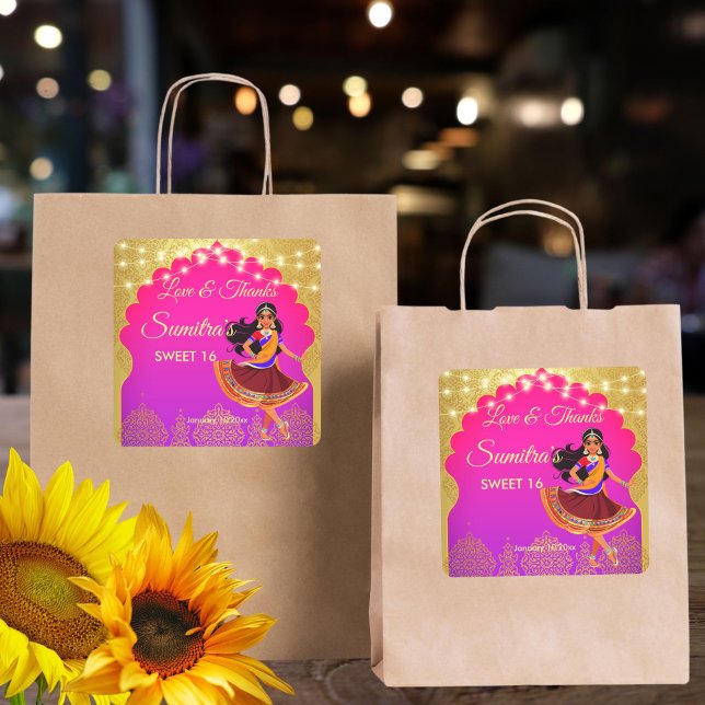 Adesivo Quadrado Festa de aniversario de meninas de Bollywood (Indian Bollywood girls birthday party thank you favor Square Sticker cute girl cartoon caricature)