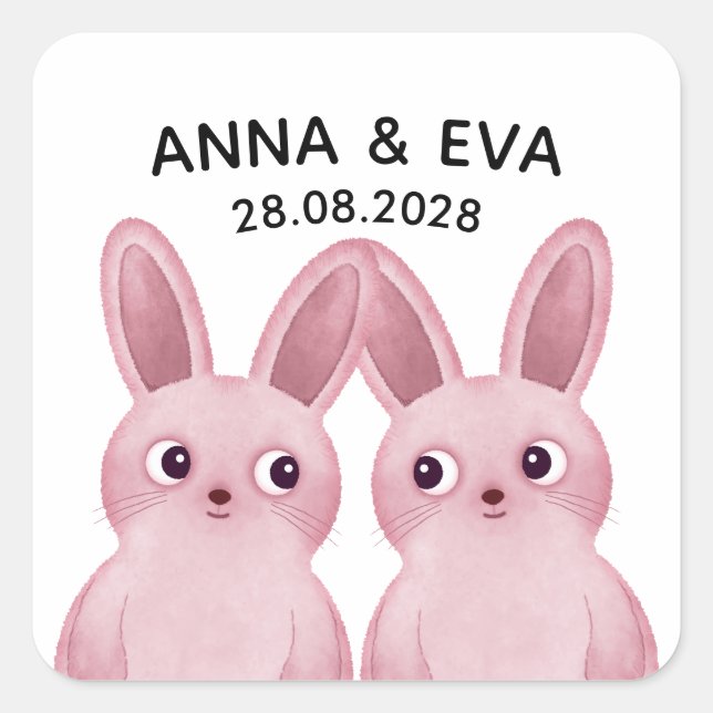 Adesivo Quadrado Festa de aniversario de meninas gêmea com coelhos  (Frente)