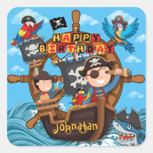 Adesivo Quadrado Festa de Aniversário de Pirata para Crianças