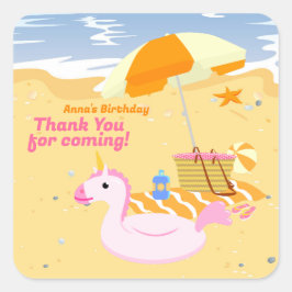 Adesivo Quadrado Festa de aniversário de praia divertida de moça
