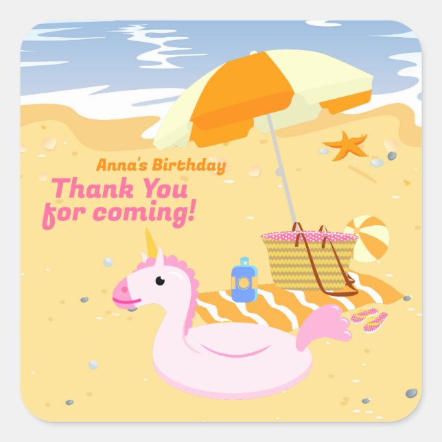 Adesivo Quadrado Festa de aniversário de praia divertida de moça (Frente)