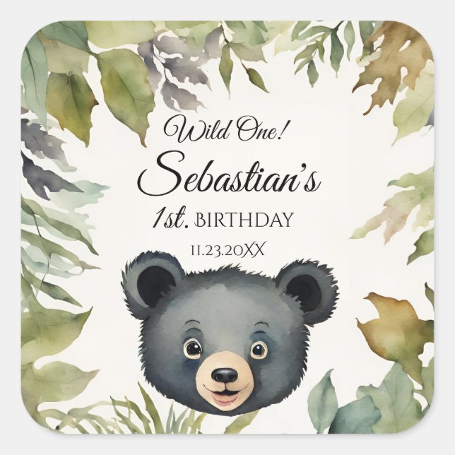 Adesivo Quadrado Festa de aniversário de Urso de Floresta Selvagem (Frente)