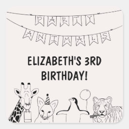 Adesivo Quadrado Festa de aniversário desenhada pela Mão de Animais