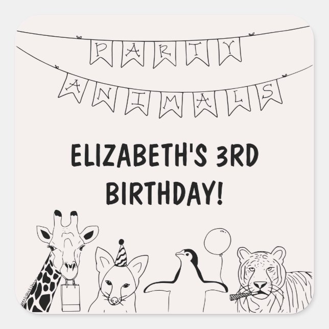 Adesivo Quadrado Festa de aniversário desenhada pela Mão de Animais (Frente)
