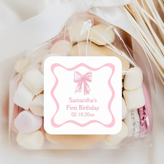 Adesivo Quadrado Festa de aniversário do Arco Coquette Rosa (Criador carregado)