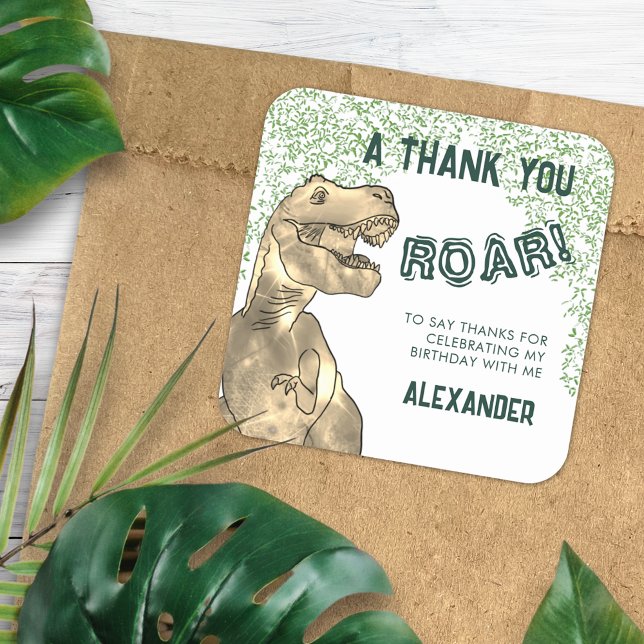 Adesivo Quadrado Festa de aniversário Do Dinossaur T-Rex Roar Obrig (T-Rex Roar dinosaur jungle birthday party thank you favor sticker modern green typography add name)