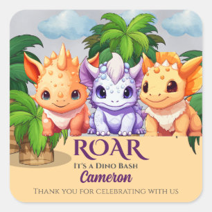 Adesivo Quadrado Festa de aniversário do Dinossauro do Criança, um 