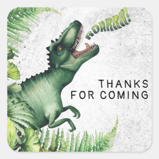 Adesivo Quadrado Festa de Aniversário do Dinossauro T-Rex Obrigado