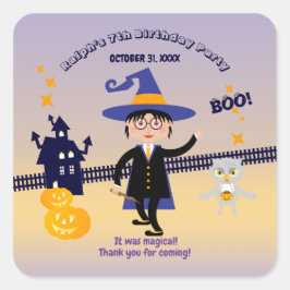 Adesivo Quadrado Festa de aniversário do Feiticeiro do Halloween