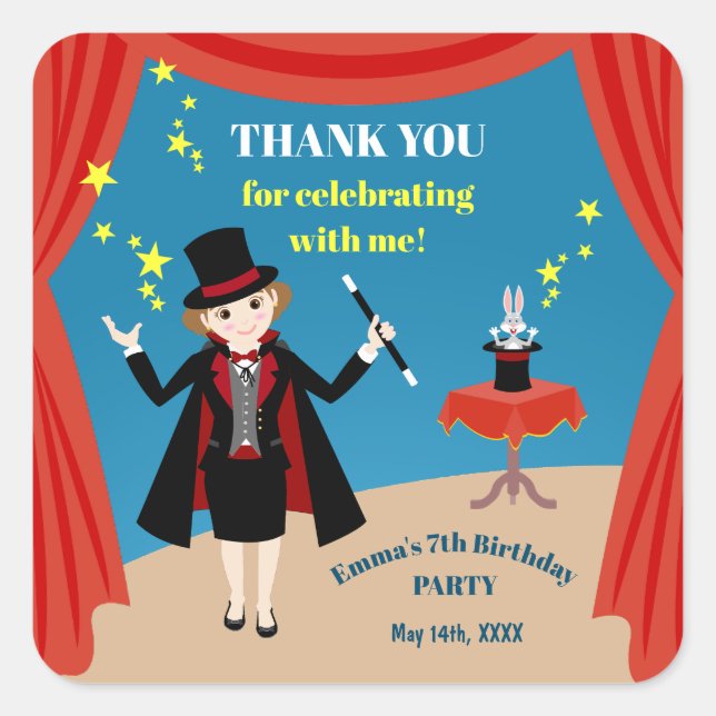 Adesivo Quadrado Festa de Aniversário do Mago (Frente)