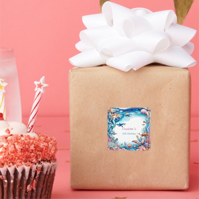 Adesivo Quadrado festa de aniversário do mar arco-íris da sereia (Festa)